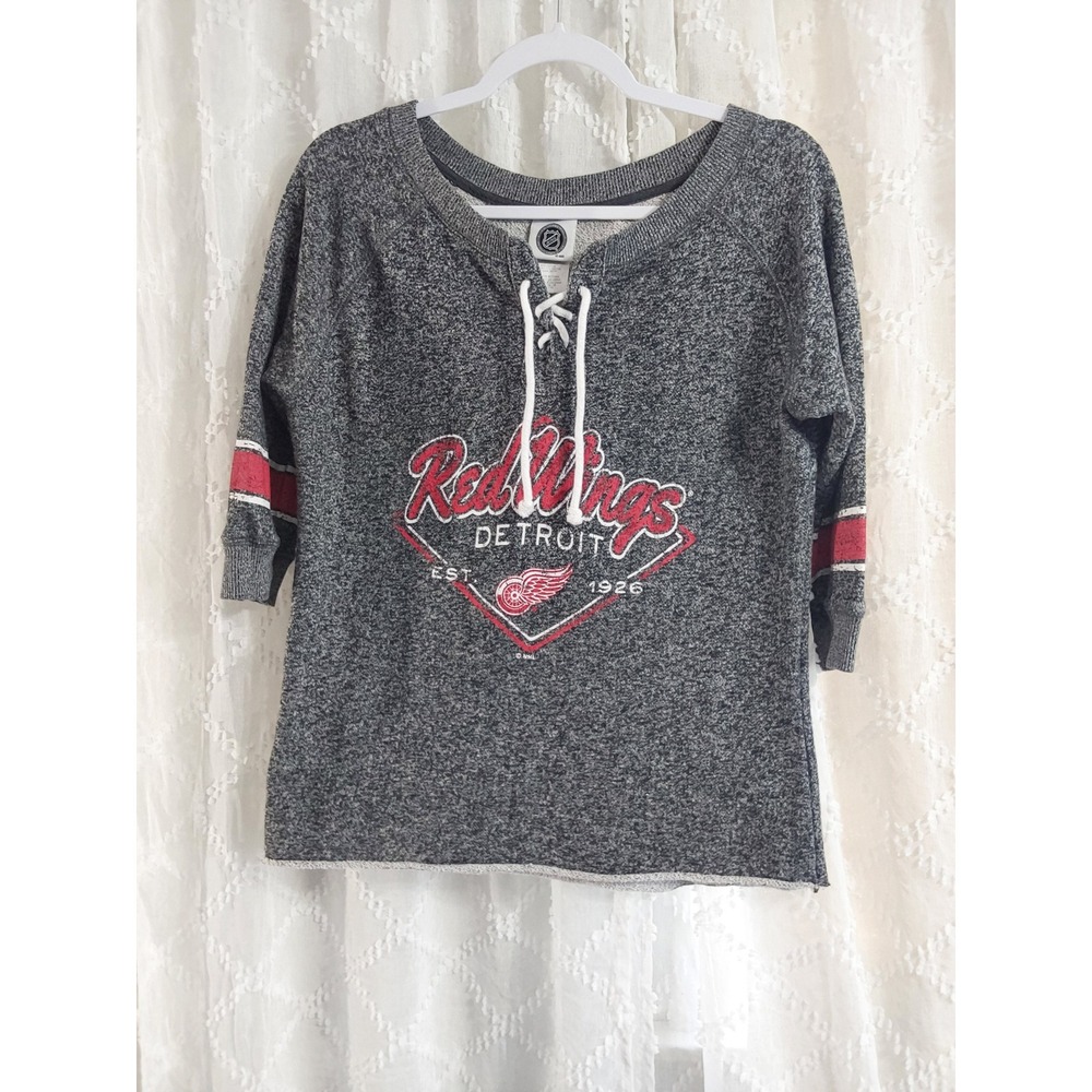 NHL Detroit Red Wings Womens Lace Up Sweatshirt Gray 3/4 Sleeve Top Medium 8/10